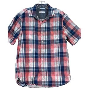 Tommy Bahama Mens Short Sleeve Plaid Tropical Floral Button Down Shirt Navy Med
